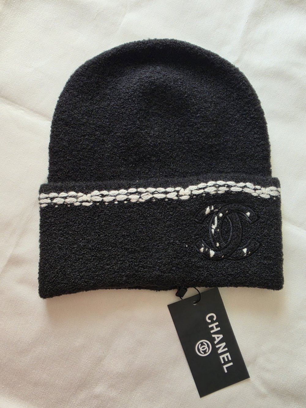 Black Knit Beanie with Cream Braided Trim and Patch